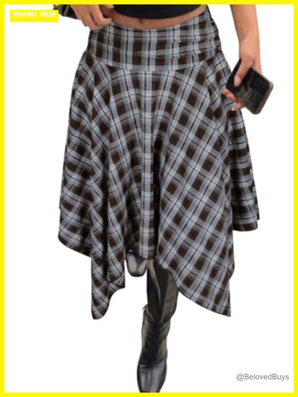 Plaid Midi Skirt A-Line Pleated Hanky Hem Y2K Grunge Style